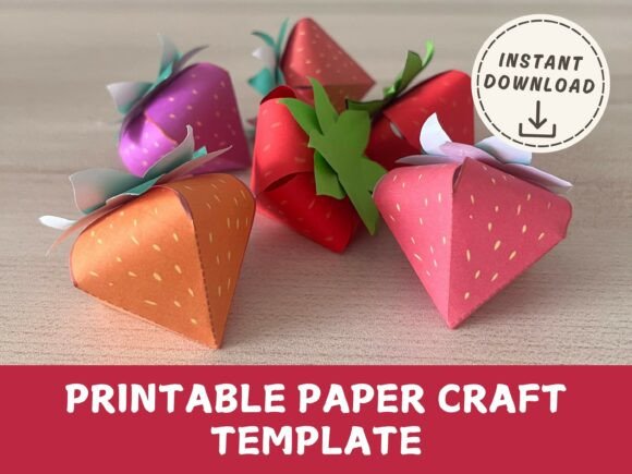 3D Paper Strawberry Craft Template