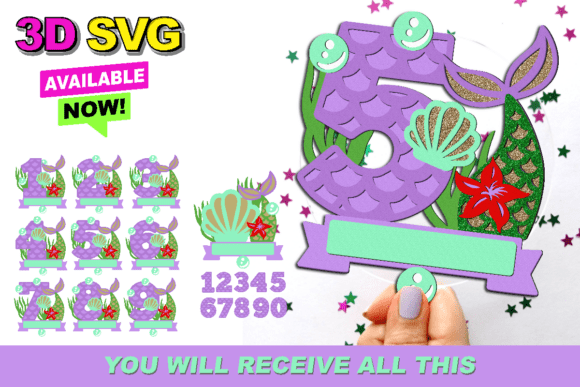 Mermaid Numbers Topper 3D SVG