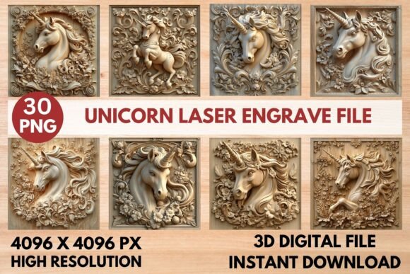 Unicorn Laser Engrave 3D PNG Set